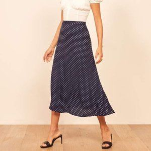 Reformation Bea Skirt Navy Blue Polka Dots